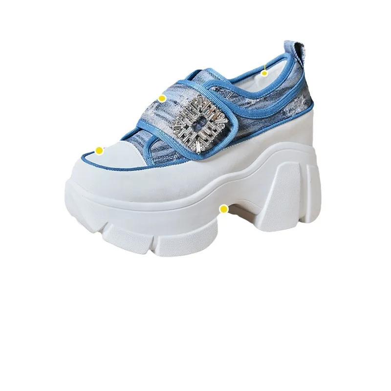 Denim Platform Women's Canvas Shoes 7cm Platform Women Casual Sneakers Luxury Rhinestone Square Buckle Ladies Vulcanized Shoes