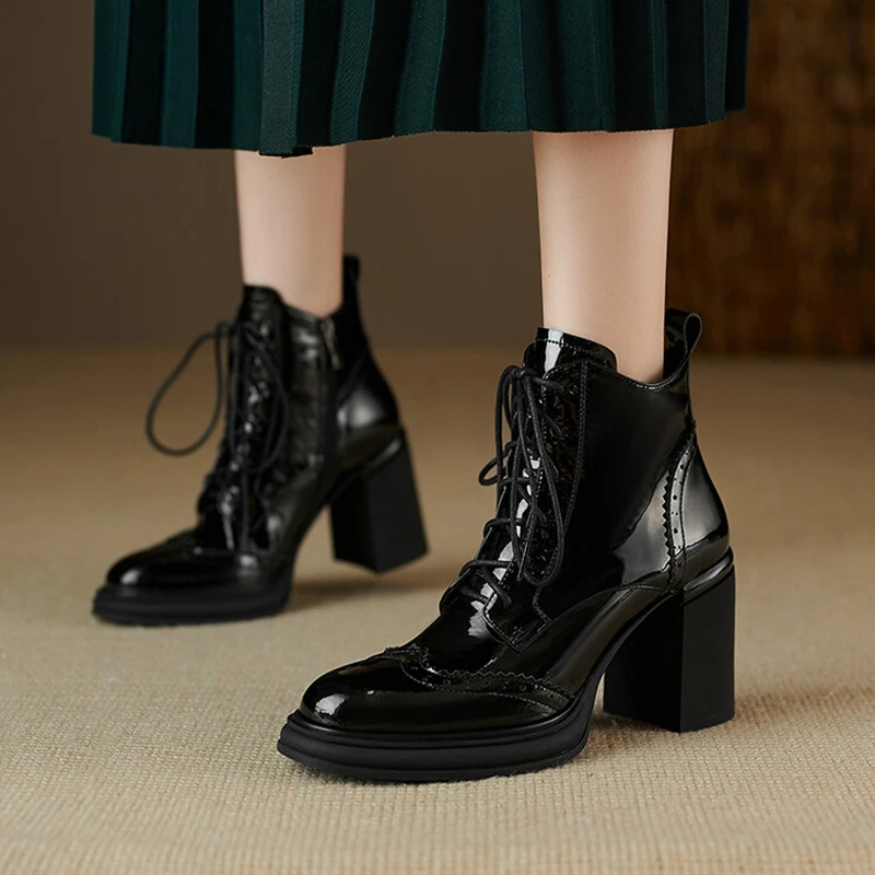 Spring NEW Round Toe Chunky Split Leather for Women High Heel Platform Boots Elegent Ladies Shoes 1963 Platm