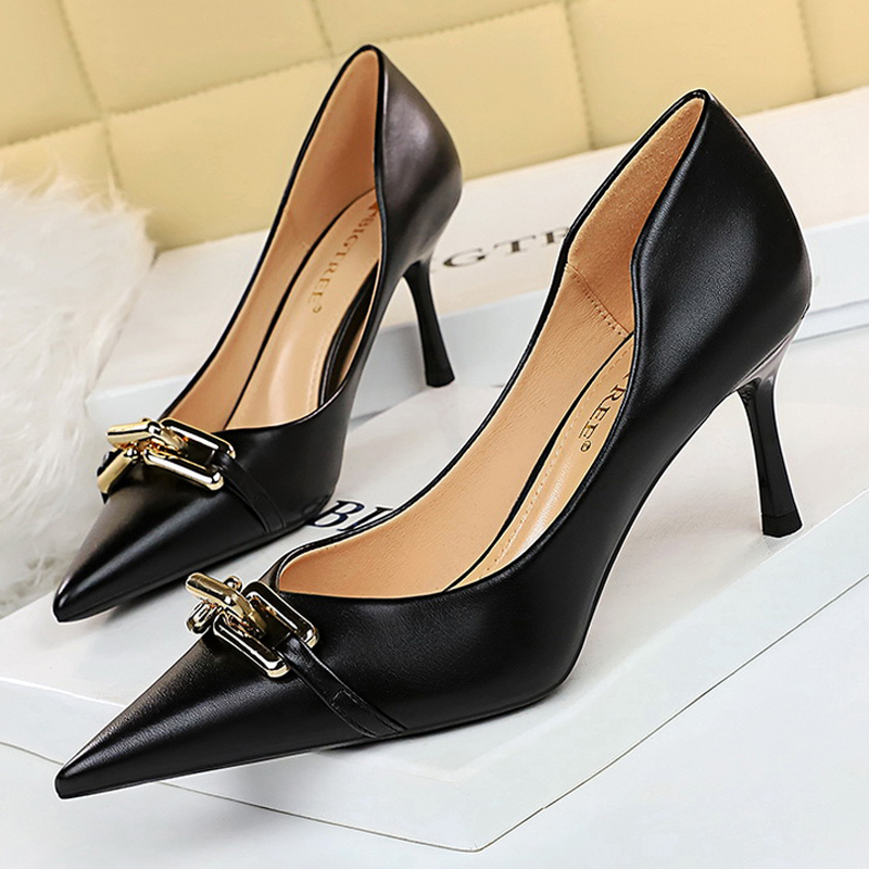 BIGTREE Shoes Elegant Women Pumps Metal Button Kitten Heels Women Shoes Stiletto Banquet Shoes Pointed High Heels Large Size 43