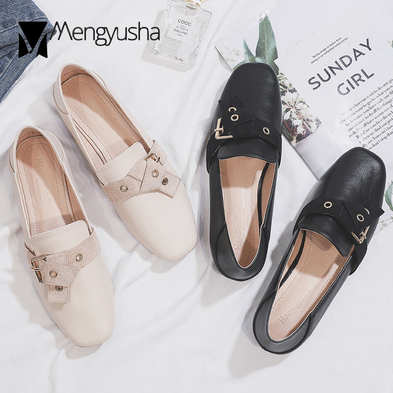 metal buckle 9f690 Studs Bow-knot loafers woman flats slip on moccasins large size 42/43 square toe small leather shoes for women
