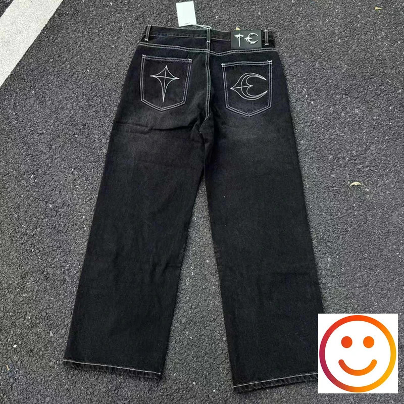Washed Thug Club Embroidery Root fringe straight jeans mens and womens hip-hop casual high-quality black loose denim jeans 240829
