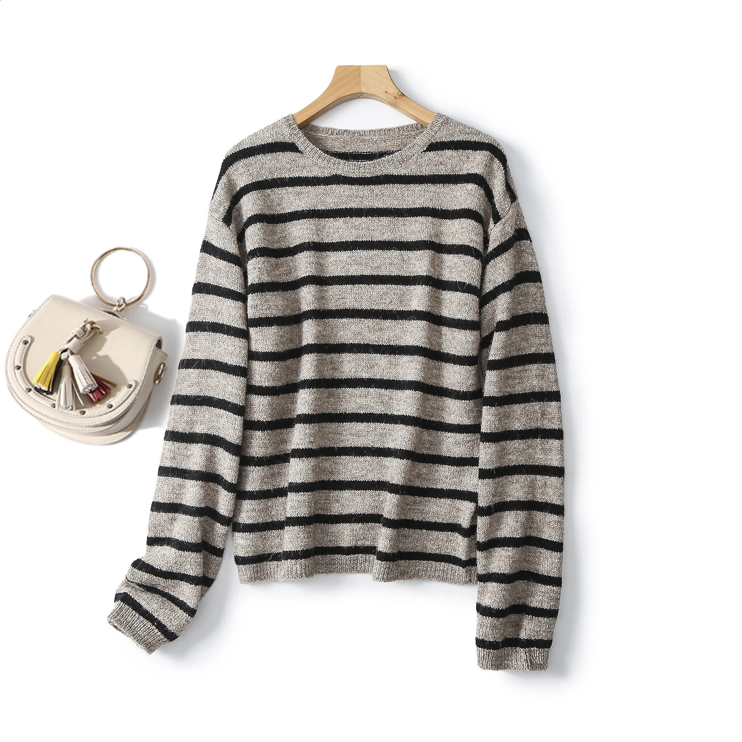 Ethereal MD Womens Casual Lazy Soft Wax Striped Cream Neck Sweater 240827