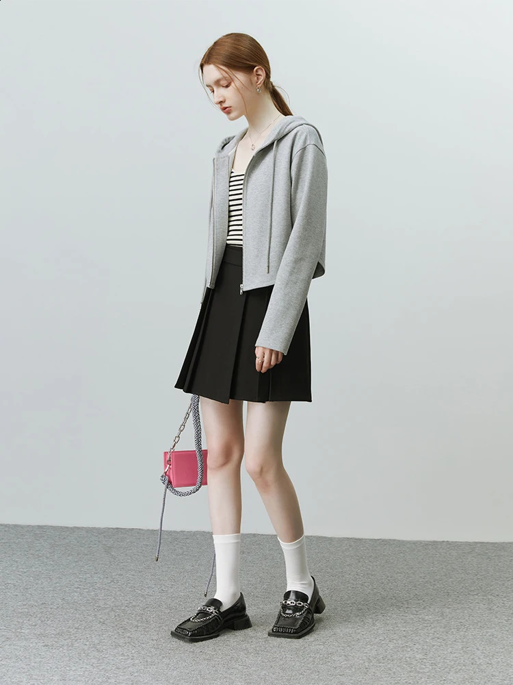 FSLE casual style short hooded zipper sweater jacket womens spring and autumn pants solid color twopiece set 240827