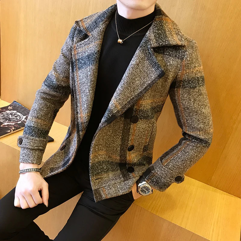 autumn and winter mens short slim fit wool coat with double chest n casual windproof machine fashionable retro trench coat 5XL-M 240829