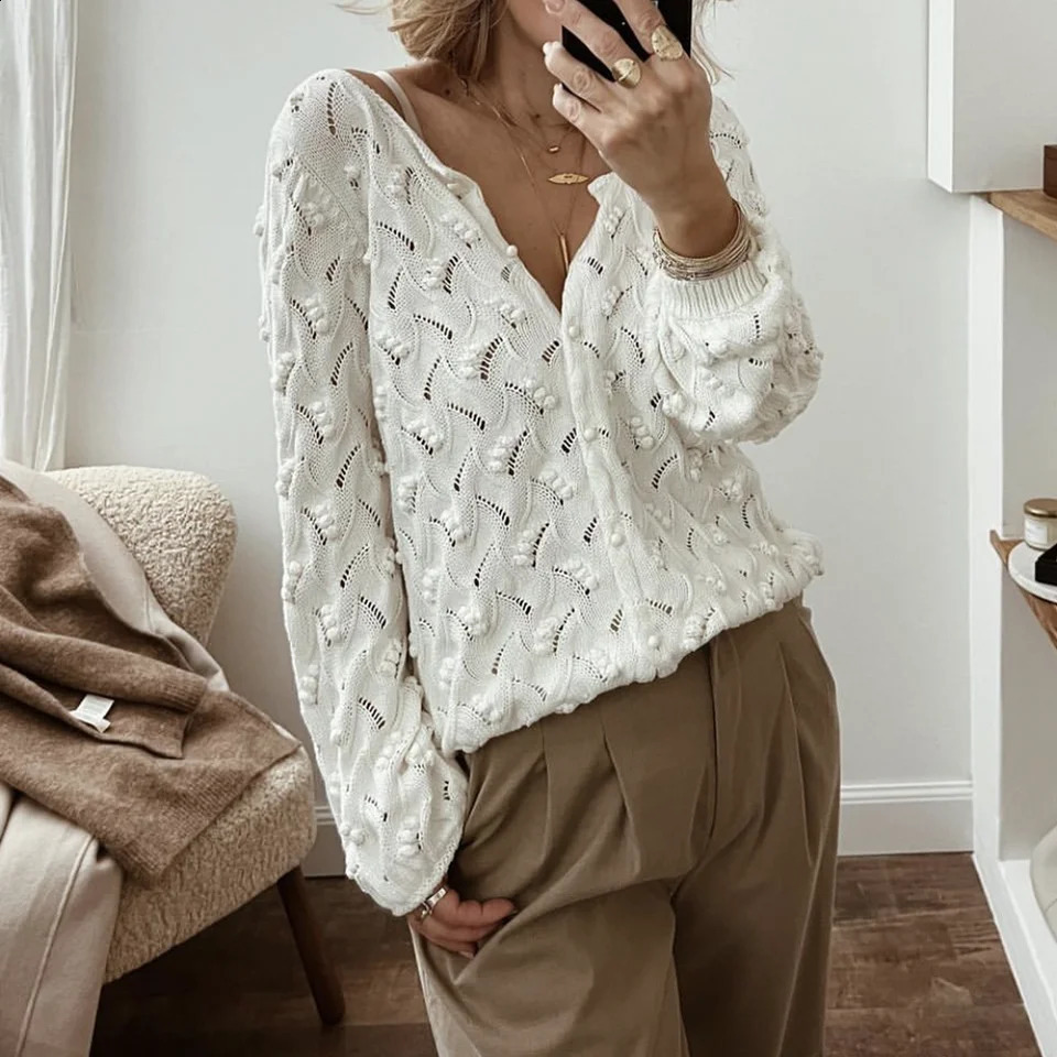ZESSAM Solid Hook Flower Jacquard Knit Cardigan ONeck Long Sleeve Button Hollow Out Female Sweater Casual Cozy Lady Top 240827
