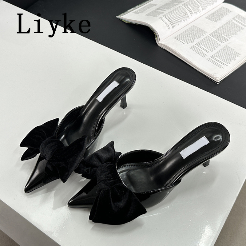 Liyke 2024 Spring New Brand Women Pumps Slipper Sexy Bowknot Pointed Toe Slip On Ladies Mules Thin Low Heels Dress Sandal Shoes