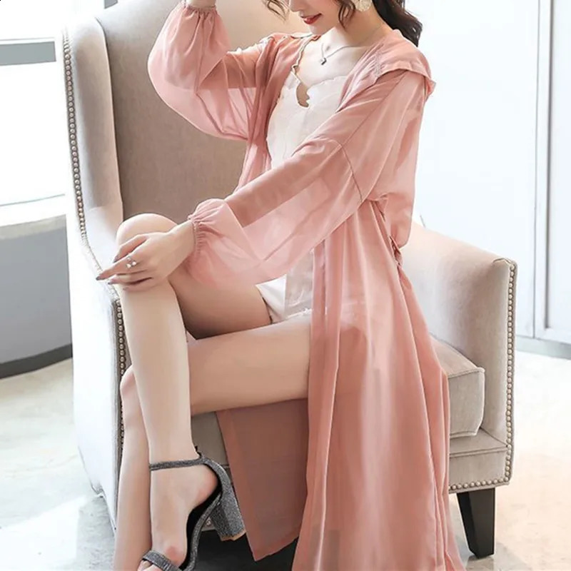 Summer Sun Protection Clothing Women Hooded Cardigan Female Chiffon Sunscreen Shirt Long Coat Ladies Shawl Outerwear 240819