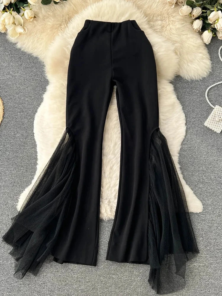 Mesh splicing Y2k womens pants for spring high waist solid wide leg Flare fashionable and casual 240827