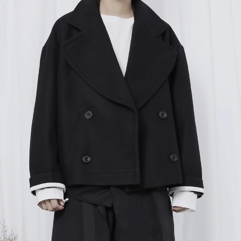 Mens black short wool coat Japanese loose double-layer fashion trend large-sized wool coat 240829