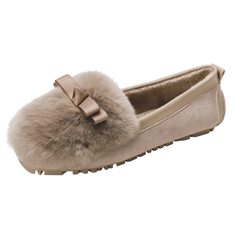 silk bow decoration fur winter shoes for women cozy flock plush padded moccasins female bowtie rabbit fur loafers big size 43