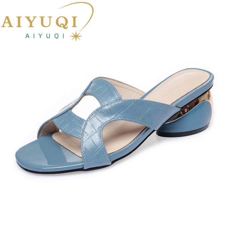 AIYUQI Women's Slides Summer Genuine Leather Fashion Women's Slippers Open Toe Mid-heel Thick-heel Slippers Ladies Shoes