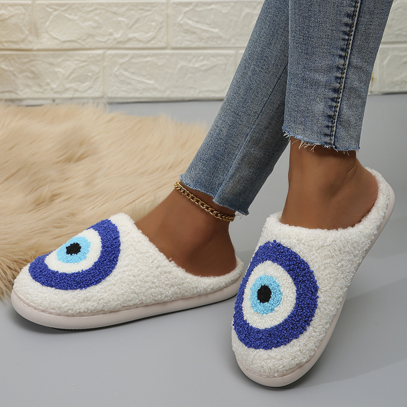 2023 New Blue Eye House Slippers Women Winter Soft Plush Warm Fluffy Slippers Woman Indoor Anti-Slip Home Cotton Shoes Couple