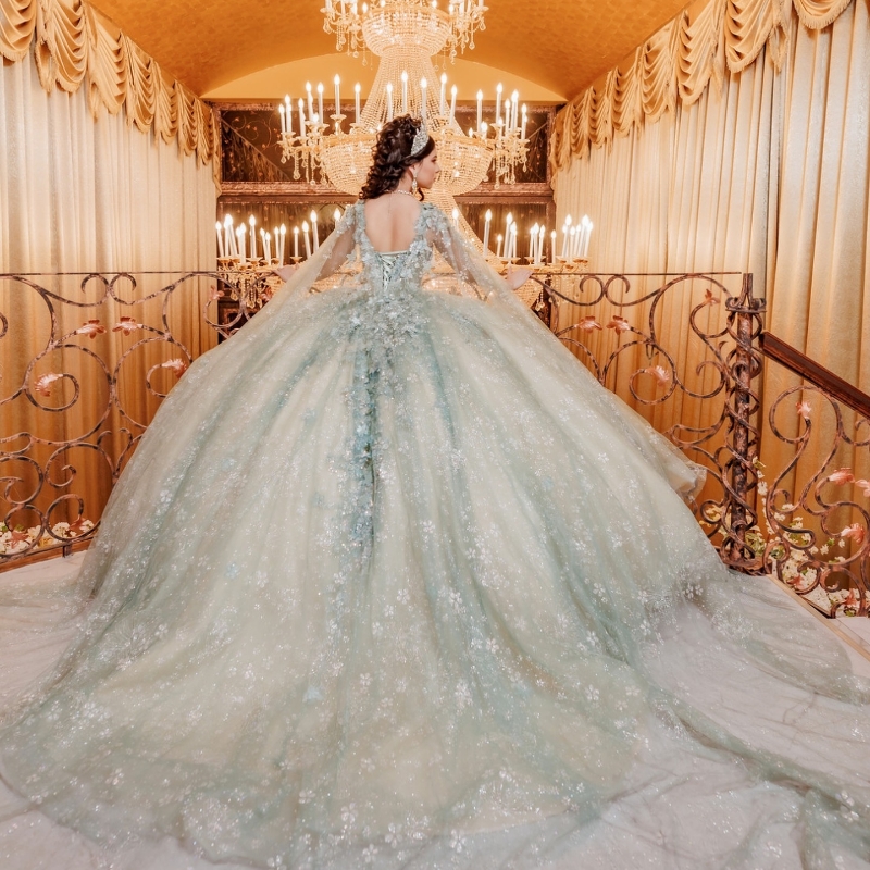 Mexican Mint Green 2024 Quinceanera Dresses With Cape Sequin Applique Lace Tull Sweet 16 Dress Ball Gown Corset Vestidos De 15 Anos