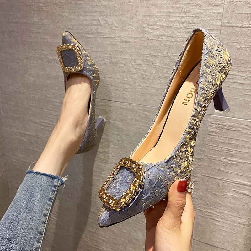 for 2024 New Pointed Toe Women's Sandals Simple and Elegant New Metal Button Dress Shoes High Quality Sier Heels Women