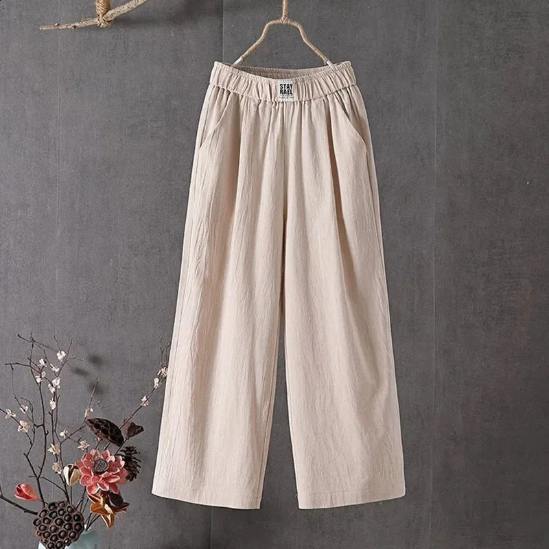 Xpqbb Summer Cotton and Linen Pants Women Casual Loose Elastic Waist Straight Trousers Female Vintage Solid Color Wide Leg Pants 240829