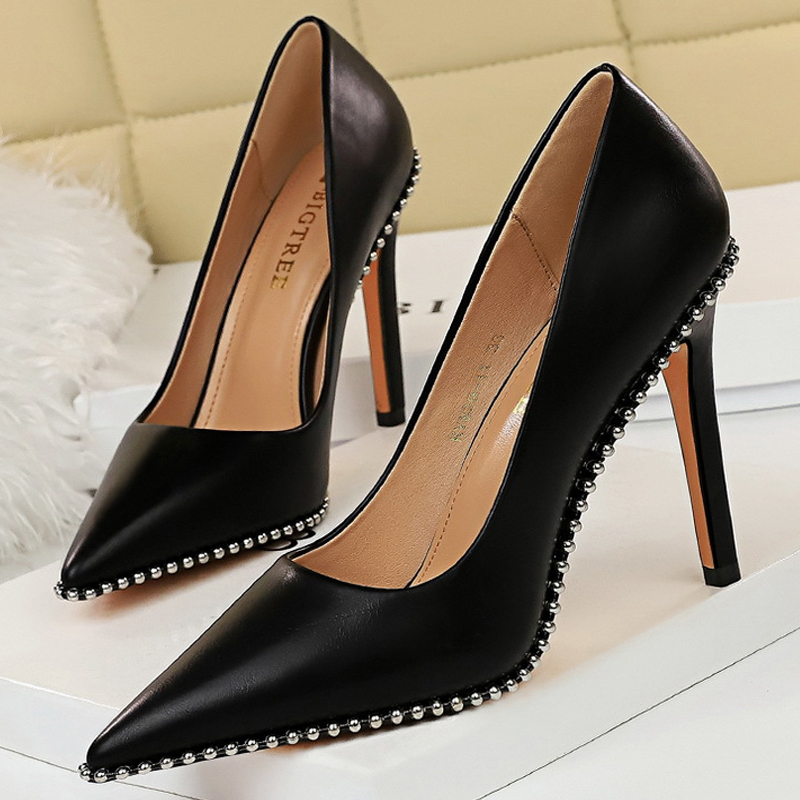 BIGTREE Sexy Rivets String Bead Pumps Pu Leather High Heels Women Office Shoes Stiletto Ladies Plus Size 43 4 a3717