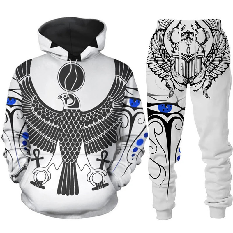 Ancient Horus Egyptian style 3D printed track suit set mens hooded sweatshirtpants 2-piece set oversized casual streetwear zipper clothing 240829