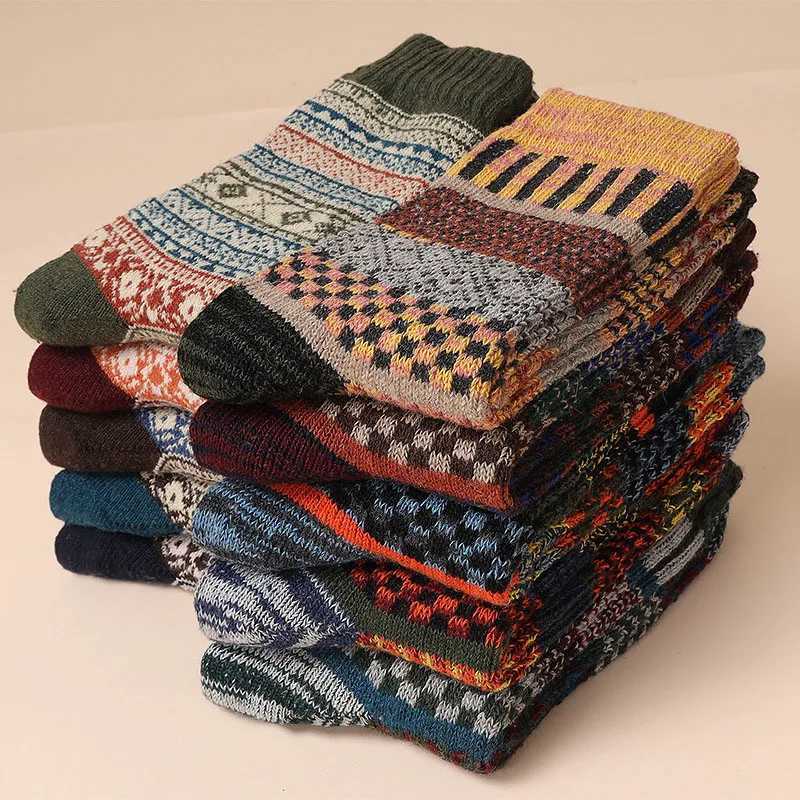 Men's Socks 5 Pairs/Lot Mens Thick Wool Socks Autumn And Winter High Quality Japanese Vintage Stripes Warm Comfortable Soft Socks EU 38-44 Y24083