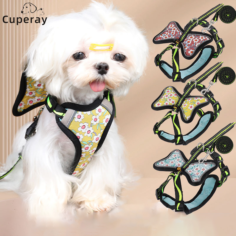 Pet Harness and Leash Set Vest Style Printed Cat & Small Dog Safety Anti-breakaway Harness and Leashes with Cute Bow Decoration