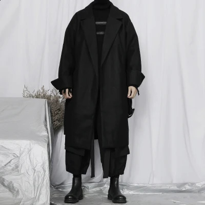 Mens long sleeved wool coat spring/summer style mens long knee coat buttonless loose wool coat mens 240829