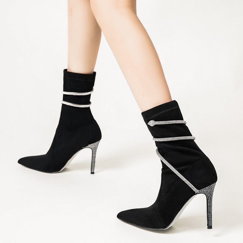 Autumn Winter Fashion Faux Suede Snake Coiled Women Boots Luxury Crystal Stiletto High heels Ankle Boots Shoes Botas Mujer