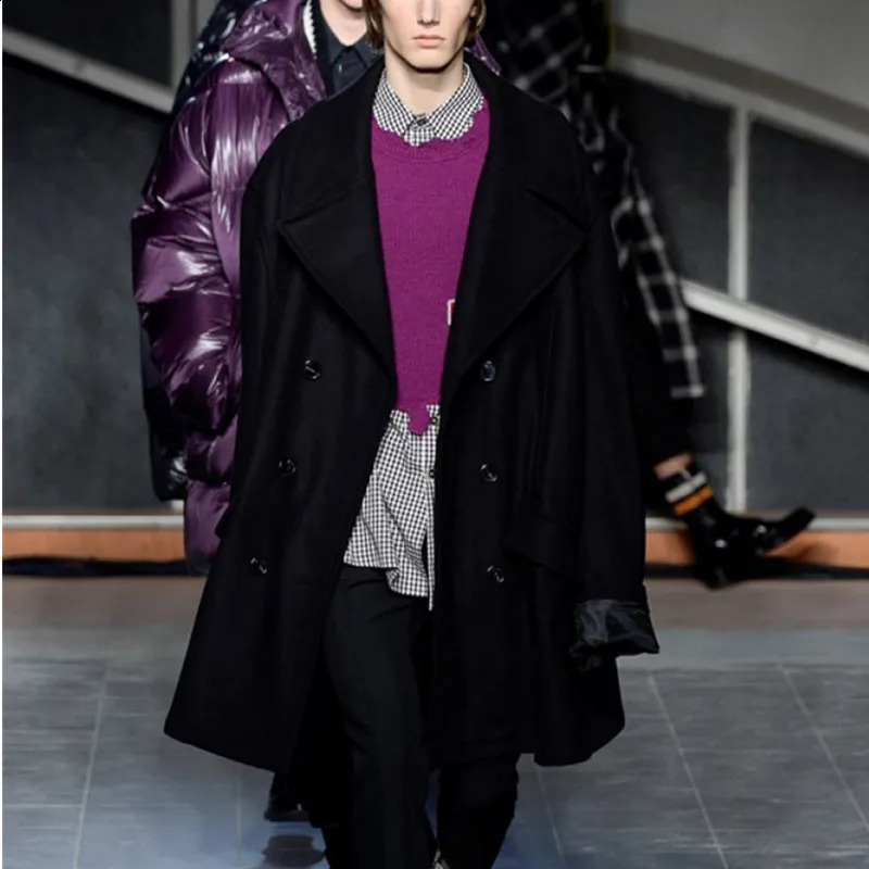 Mens wool coat double-layer loose medium length large size thick solid color casual wool coat 240829