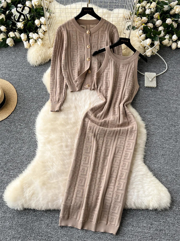 SINGREINY Autumn Winter Wear 2PC Suits Full Sleeve Knitted CardiganSenior Spaghetti Strap Bodycon Dress Women Sweater Sets 240829
