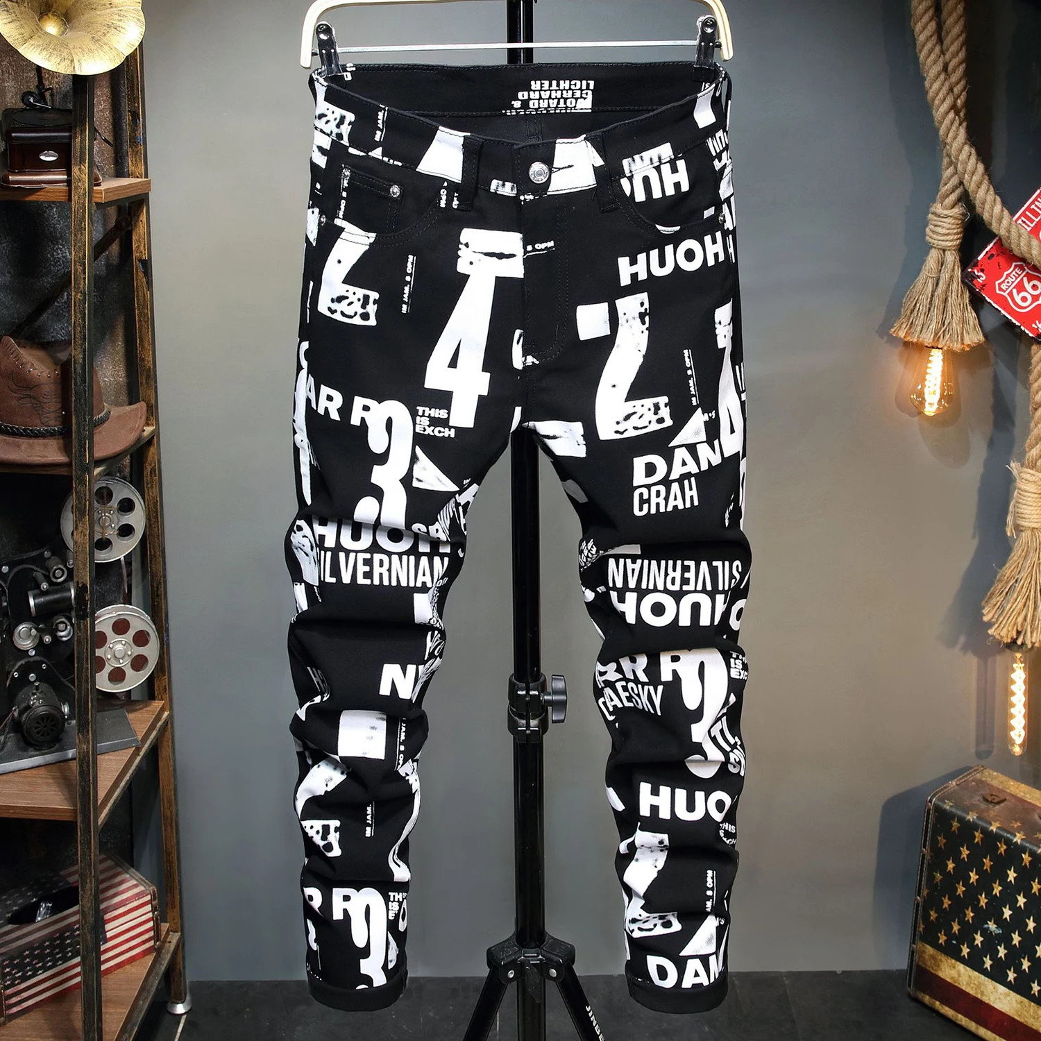 Mens all print jeans ultra-thin fit elastic black jeans street fashion casual jeans a must-have for youthful coolness; 240829