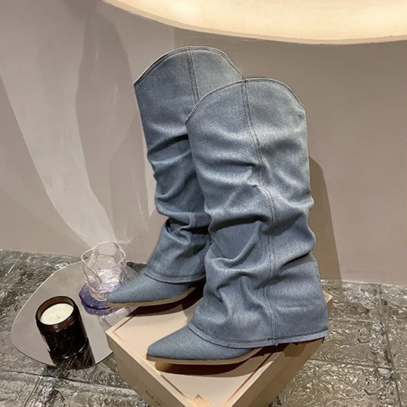 Pleated Blue Denim Boots Fashionable Women's Chelsea Boots Autumn Winter Mid-heeled Boots 2024 New Women Shoes Botas Altas Mujer