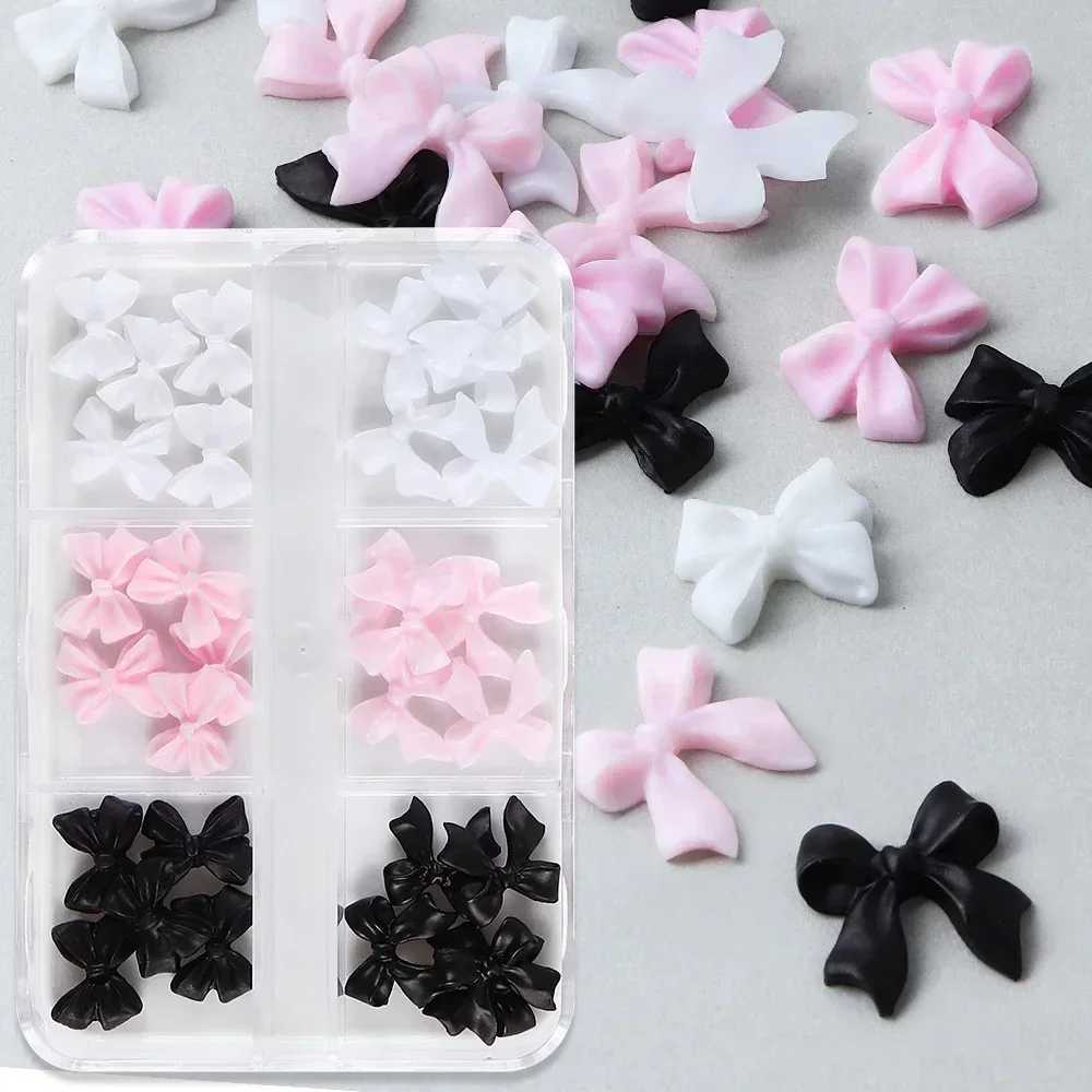 6 Grid Pink White Ribbon Bow Nail Charm Korean Accessories Black Nail Art Tie Decoration Kawaii Accessories Handmade Design Supplies W240829