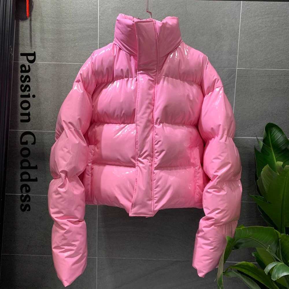Women's Down Parkas Winter Women Bright PU Puffer Jacket Thick Bubble Coat Zipper Glossy Leather Down Parka Outerwear Stand Collar Loose Jacket Y