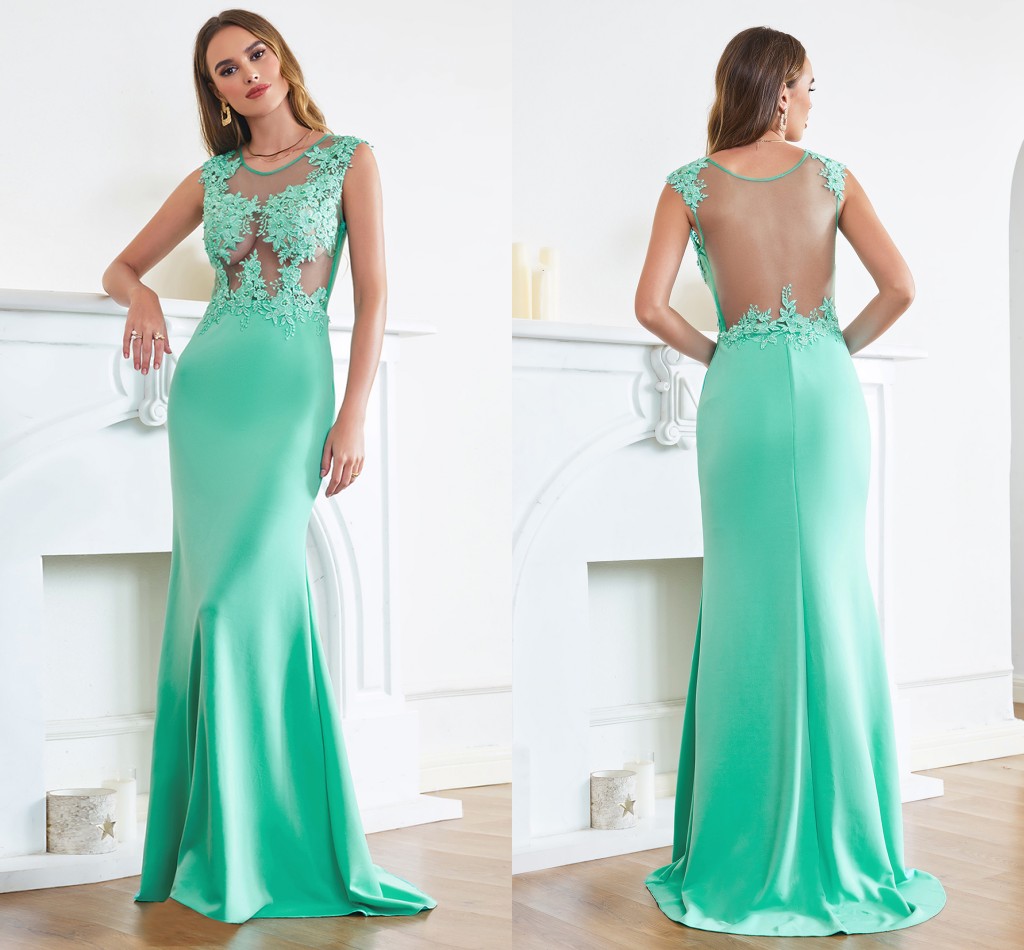 Sexy Sheer Back Hunter Mermaid Evening Dresses Illusion Women Elegant Jewel Neck 3D-Ral Appliques With Beads Sleevless Long Prom Party Gowns cps1811