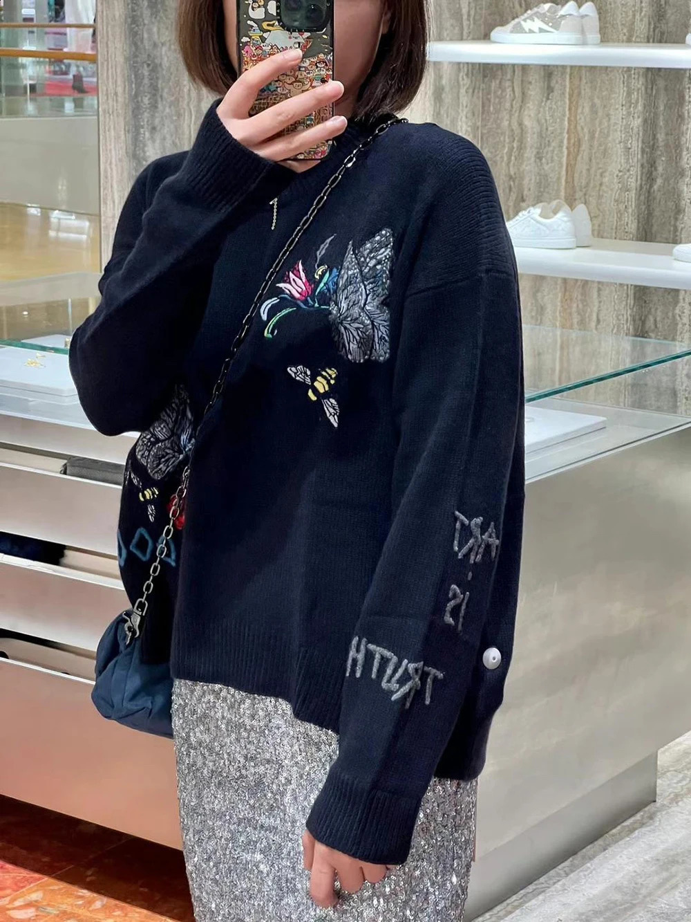 ZESSAM Letter Butterfly Embroidery Jacquard Cashmere Woman Sweater Long Sleeve ONeck Female Pullover Classic Retro Lady Top 240827