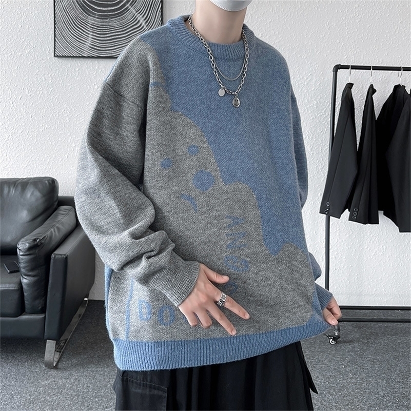 Mens round neck knitted sweater loose in autumn and winter jacquard fashionable loose long sleeved casual top 240829