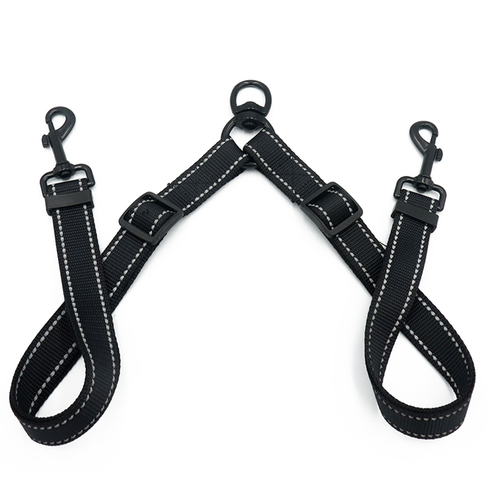 Black Double Leash Coupler for Large Dogs Adjustable Heavy Duty Nylon Splitter for Two Big Dogs