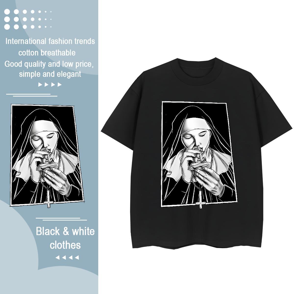 Popular Couples T Shirts 230g 100% Cotton nun Street Casual Women T Shirts Breathable Crew Neck Cartoon Print Tops Shirt