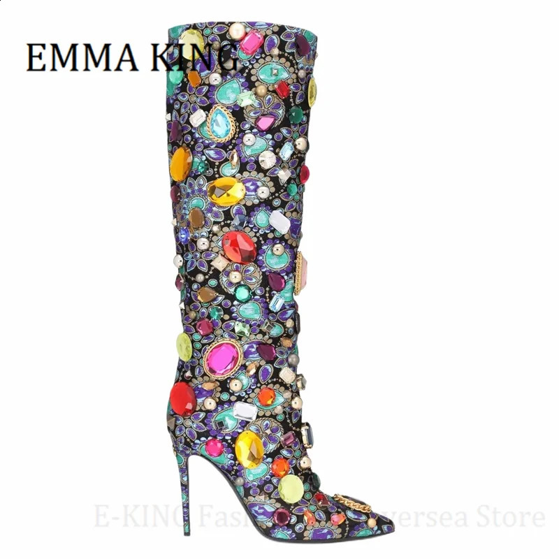 Women Gemstoneembellished Kneeheight Boots Sexy Pointed Toe Stiletto Heel New Botines Mujer Ladies Runway Party Shoes 240828