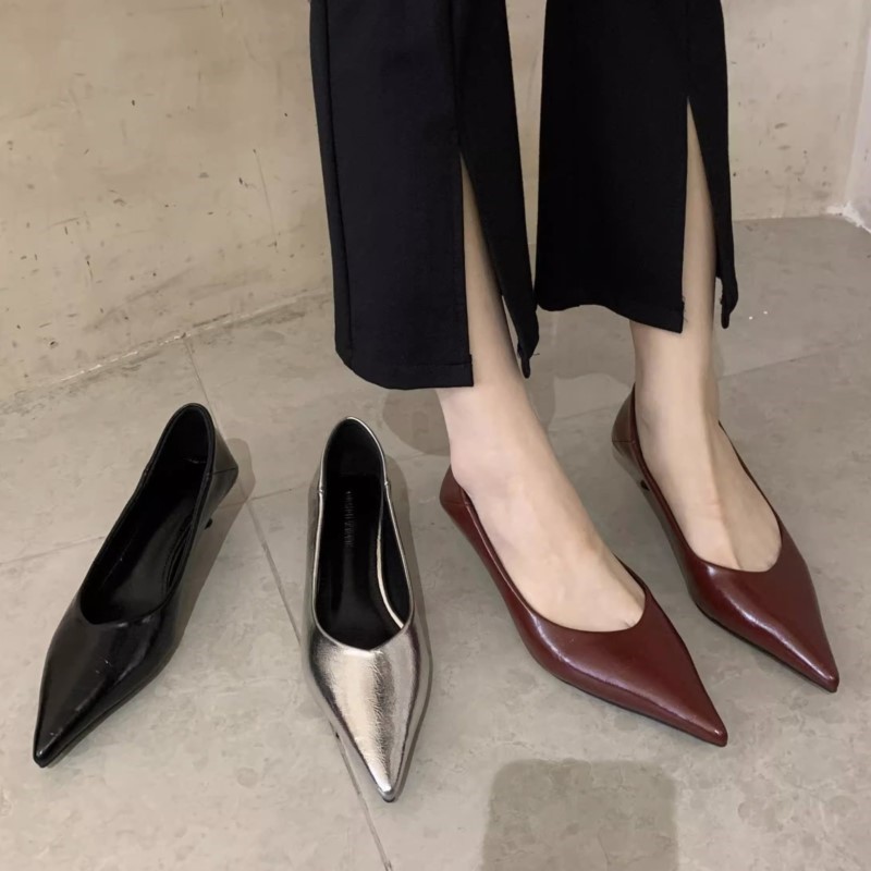 New Women's Boat Shoes Pointed Toe Pumps Kitten Heel Dress Shoes Silver Office Work Shoes for Female Black Spring Autumn 1579N