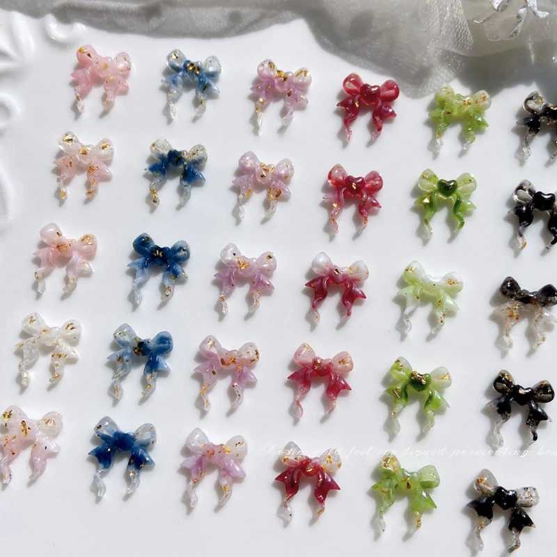 30 pieces of colorful gradient bow 3D nail decoration mixed with gold foil nail charm spring Kawaii DIY nail art accessories handmade W240829