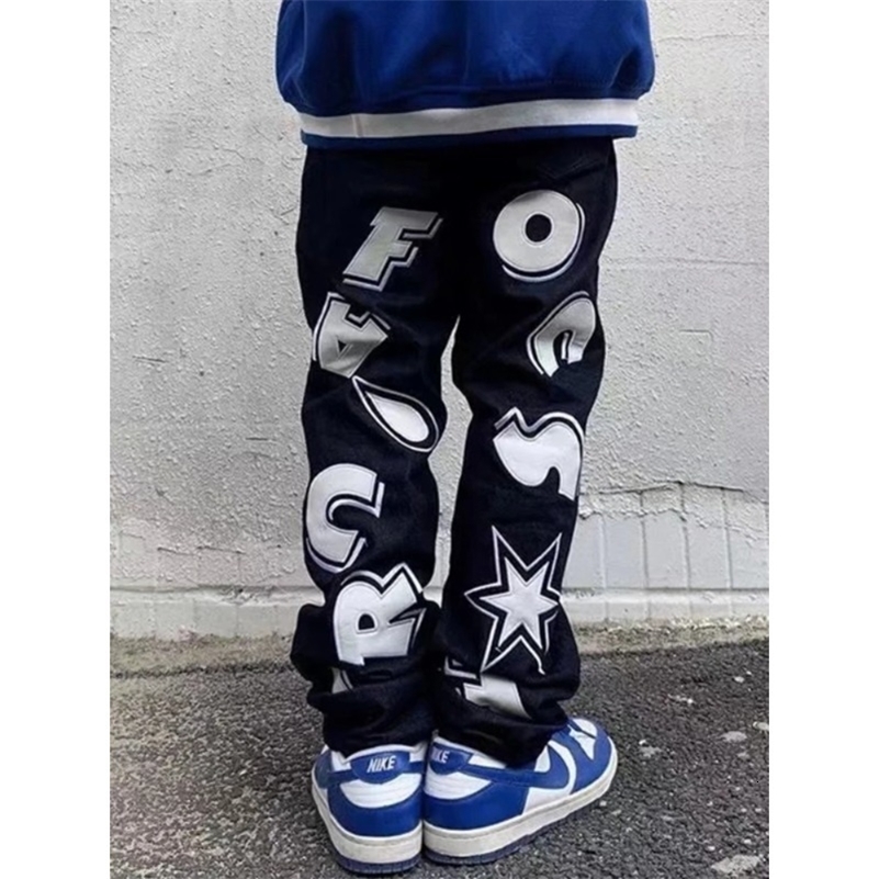 American retro black jeans personalized letter star printed jeans for men and women Y2K casual straight leg loose jeans for users 240829