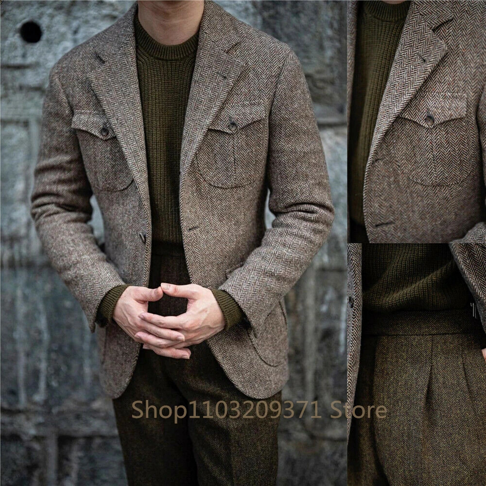 Mens set herringbone coarse woolen jacket winter warm short jacket retro slim fit mens jacket outerwear only 240829