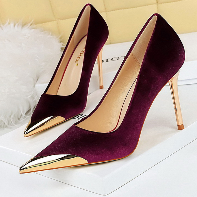 BIGTREE Women's Metal Pointed High Heels Fashion Stilettos Banquet Ladies Pumps Sexy Party Shoes Suede