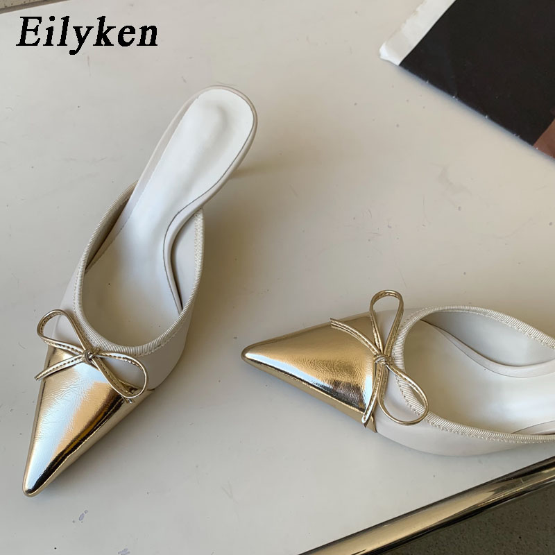 2024 Spring Eilyken New Pointed Toe Women Slipper Fashion Butterfly-knot Shallow New Slip On Ladies Mules Shoes Thin High Slides 6684