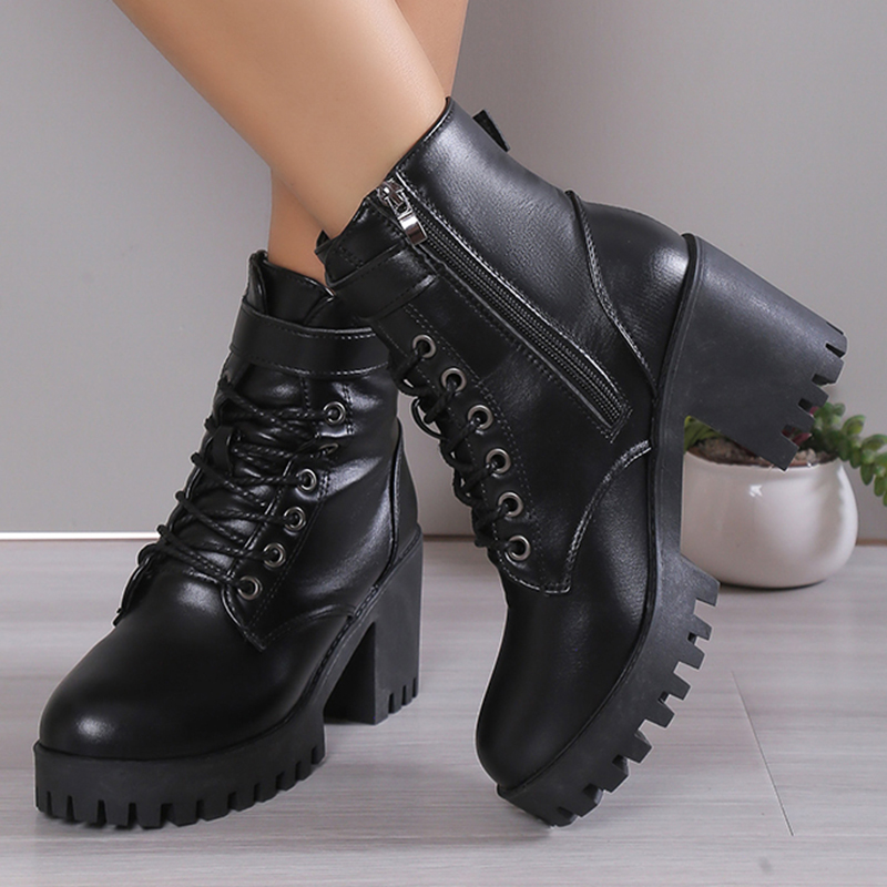 High Women's Heels Ankle for 2023 Black PU Leather Platform Short Boots Woman Side Zipper Thick Heeled Punk Botas De Mujer abca Platm