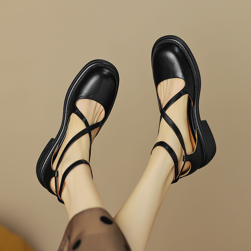 Genuine Leather Mary Jane Sandals for Women Cross-Tied Buckle Design Cowhide and Pigskin Comfortable Summer Flats Stylish Everyday Shoes