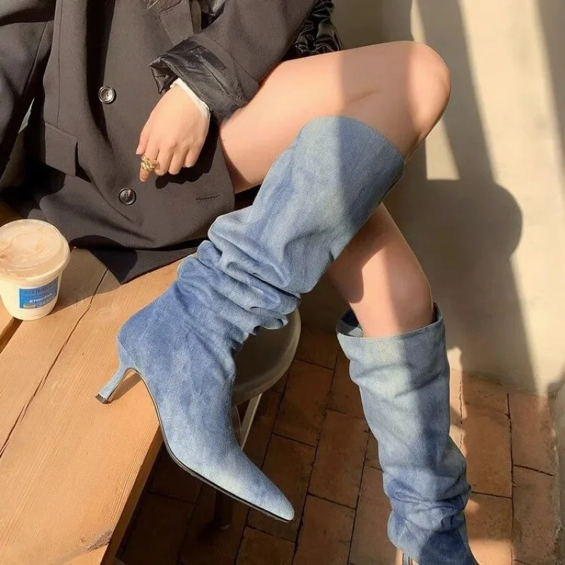 Pointed Toe Cuff Pleated Stacked Women Autumn Thin Denim Cloth High Heel Not Over Knee Long Tube Boots f19a