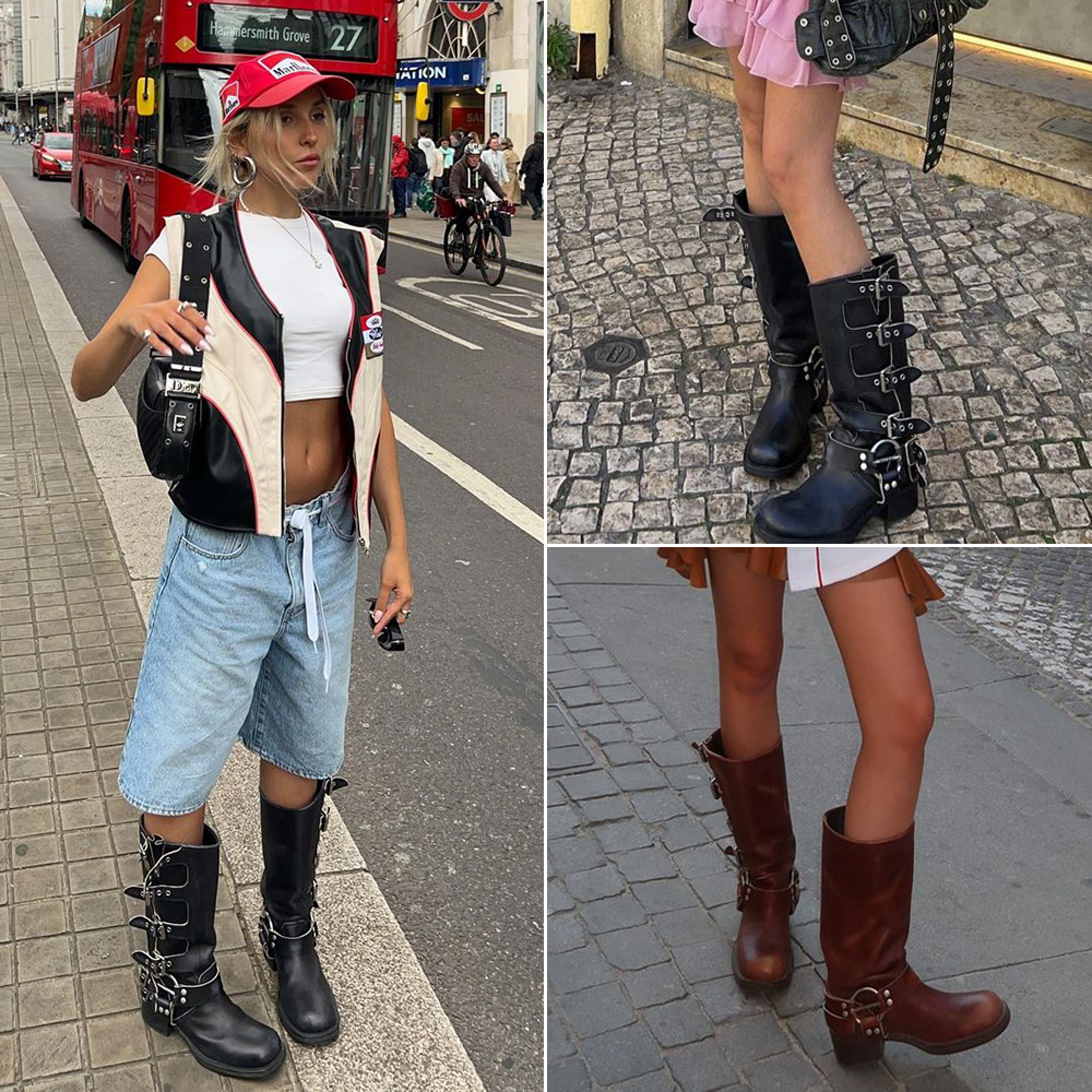 Brand Multi Buckle Tall Moto Street Style Coolish Women Knee High Biker Boots 2024 Trend Fashion Motorcycle Shoes