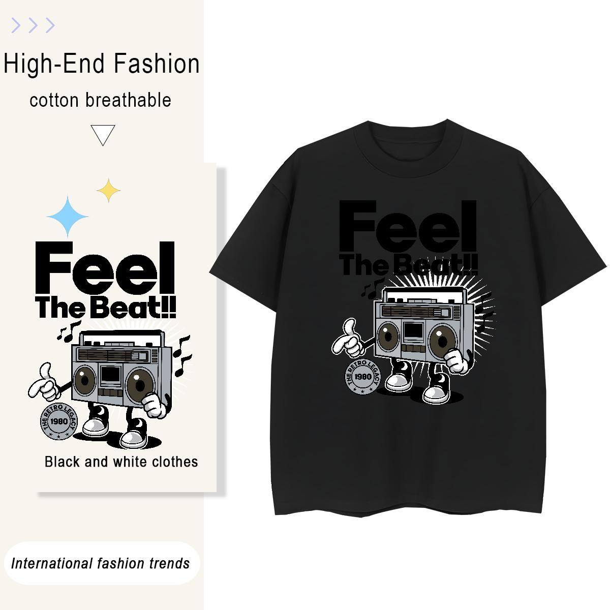 Free Shipping Women Tees 230g 100% Cotton audio Casual Beach T-Shirts Breathable Crew Neck Cartoon Print Wear