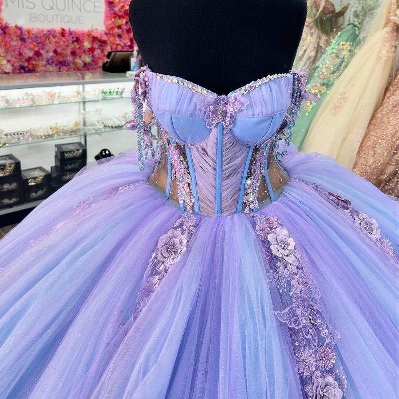 Luxury Lilac Mexican Quinceanera Dresses Off The Shoulder Applique Lace Beads Tull vestido 15 De Corset Party Birthday Lace Up Sweet 16