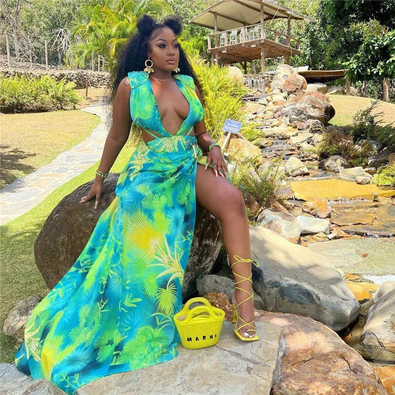 Leaf Print Two Piece Set Women Party Dress Clubwear Bodysuit Top and Split Maxi Skirt Sets Summer Holiday Beach Birthday Outfits 240829